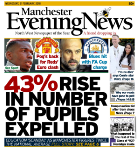 Manchester Evening News with the headline "43% rise in number of pupils expelled"