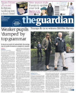 Guardian newspaper with headline "Weaker pupils 'dumped' by top grammar"