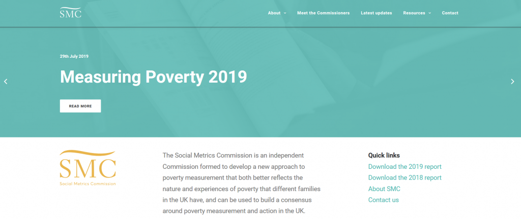 Screenshot of top of Social Metrics Commission's 'Measuring Poverty 2019' webpage