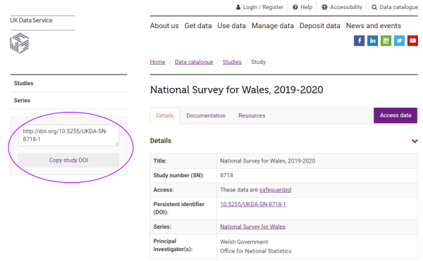 UK Data Service catalogue page for NAtional Survey for Wales, with DOI tool highlighted