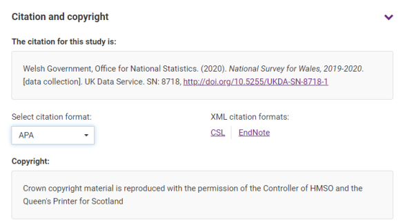 Excerpt from catalogue page for National Survey for Wales, showing citation tool.