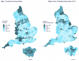Image: figures showing map of England and Wales. Figure 1 depicts the Combined Funding Metric and figure 2 shows the Index of Multiple Deprivation, with scales on both ranging from very low to very high.