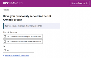 Example new census question, about having served in the UK armed forces