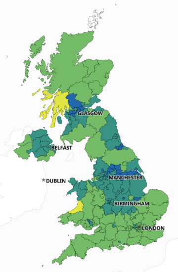 Snapshot of interactive map on UK Government Coronavirus dashboard, seven–day rolling rate of new cases by specimen date ending on 11 Mar 2021