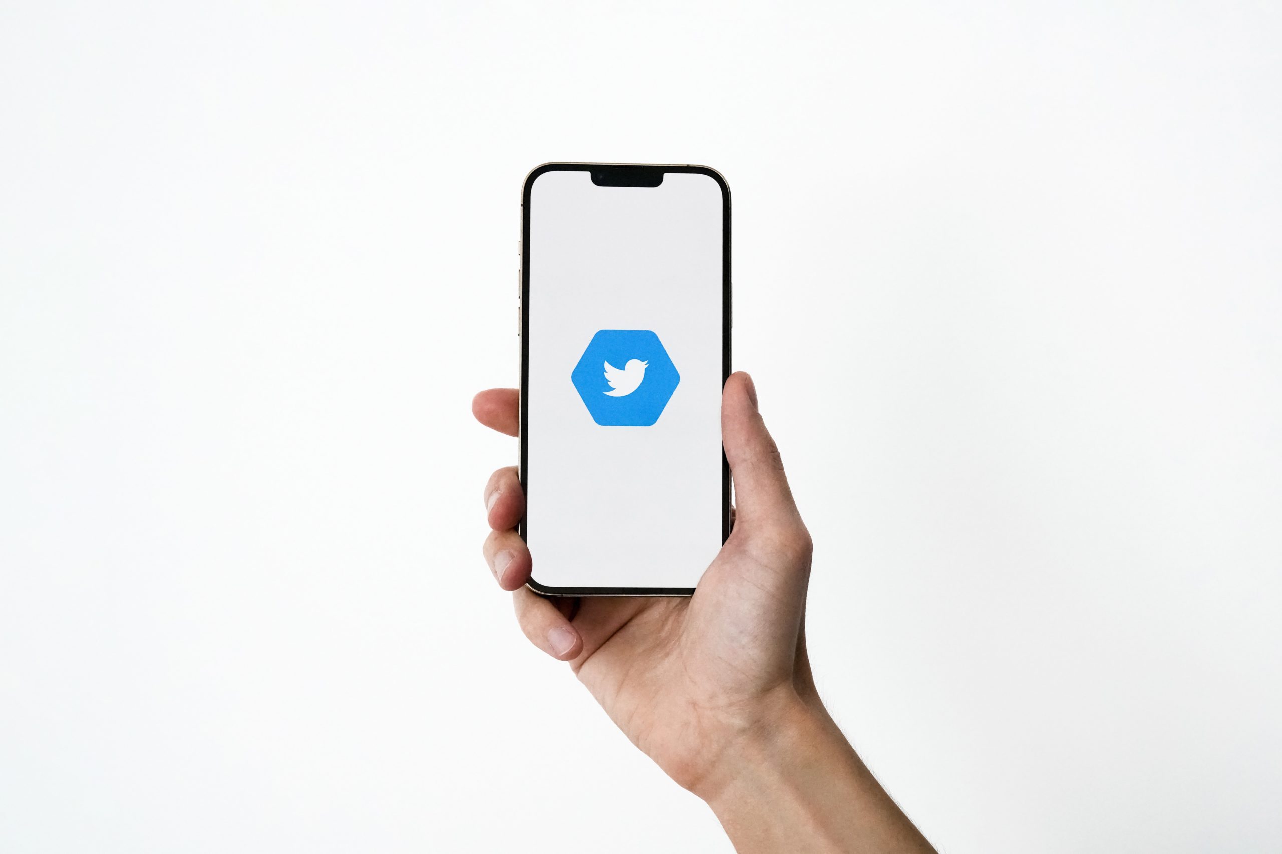 A human hand holding a smartphone that is displaying the Twitter logo on it (a white bird on a blue background)
