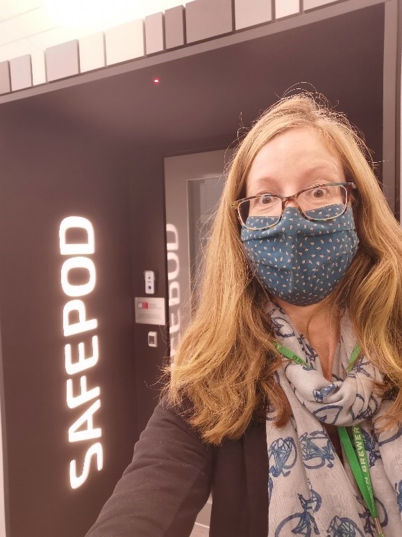 Sarah (wearing a mask) at the University of York SafePod