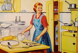 A drawing of a woman in the kitchen preparing some food, it is an image from the 1950s or so.