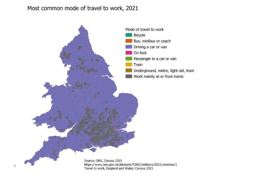Figure 1 - A map of England and Wales showing the most common mode of travel to work at LSOA level in 2021