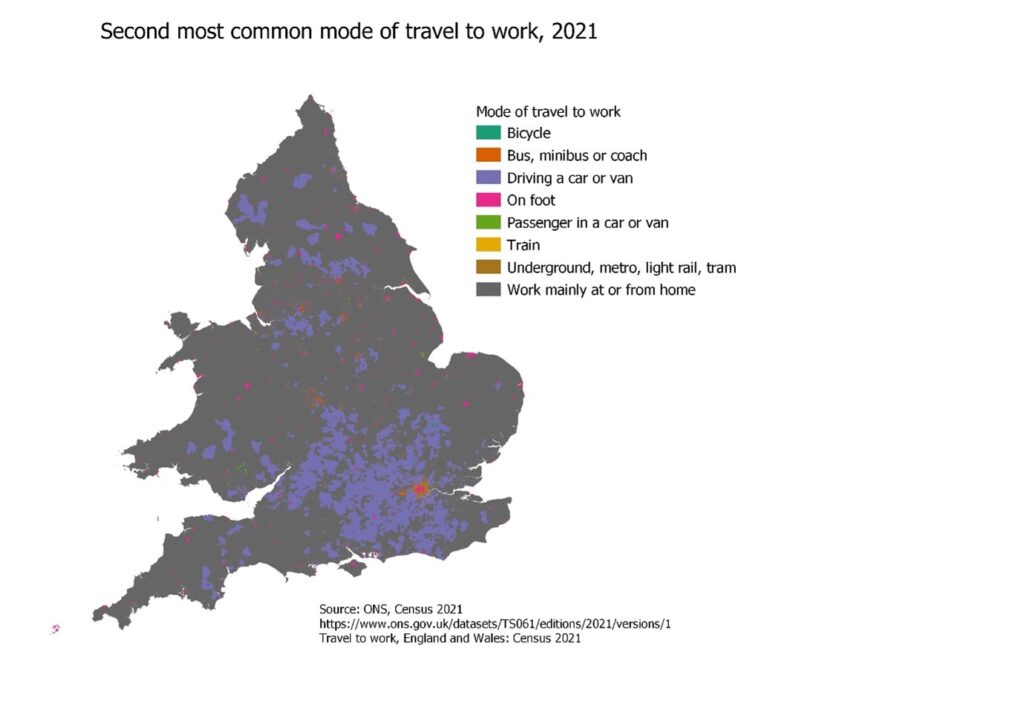 Figure 2 - A map of England and Wales showing the second most common mode of travel to work at LSOA level in 2021