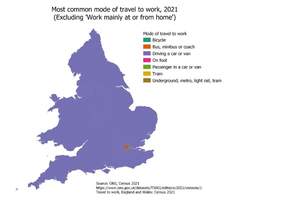 Figure 3 - Map of England and Wales showing the most common mode of travel to work, 2021 (excluding work from home)