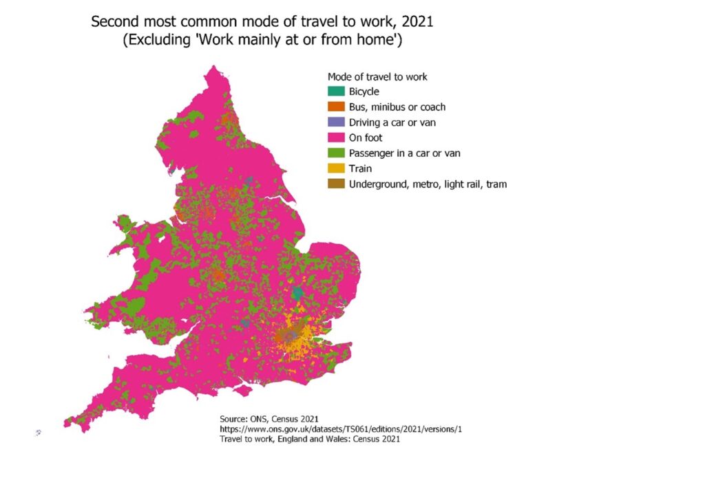 Figure 4 Map of England and Wales showing second most common mode of travel to work (excluding WFH), 2021, LSOA level