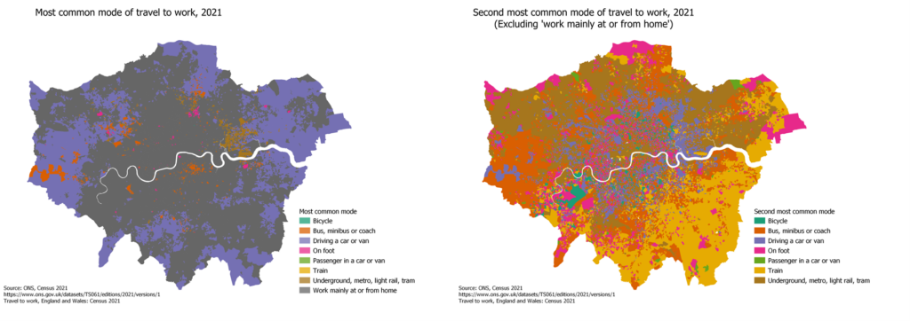Figure 5 - (left) Map of London showing most common mode of travel to work, 2021; (right) Map of London showing second most common mode of travel to work excluding working at or from home), 2021