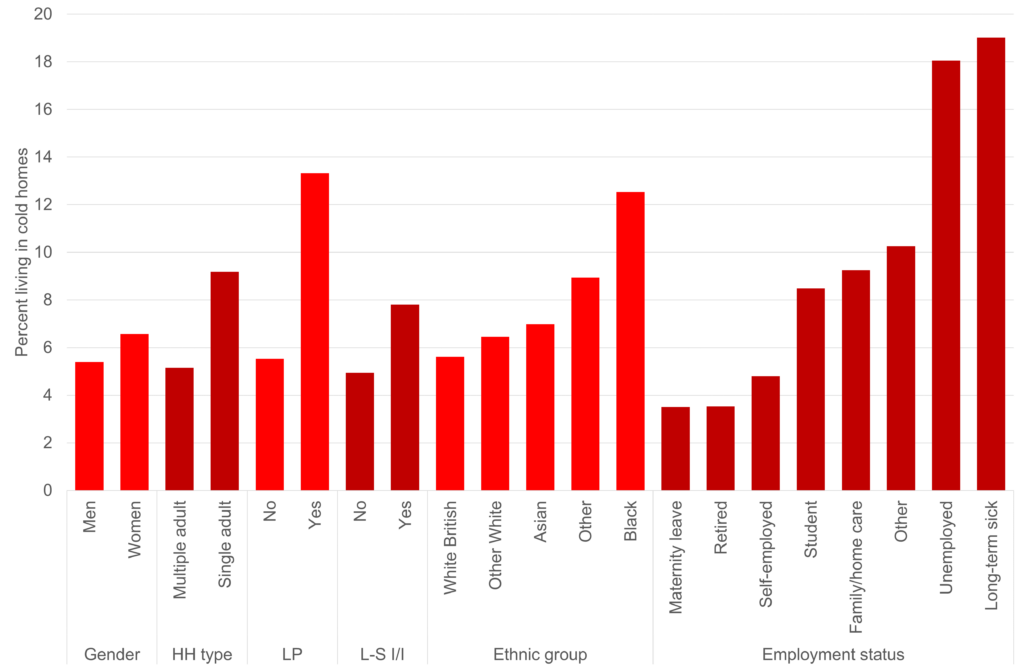 Chart 1: Percent living in cold homes, demographics. Note: HH type = household type; LP = Lone parent in household; L-S I/I = longstanding illness or impairment.