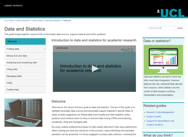 A screenshot of the UCL data and statistic webpage for their training material.