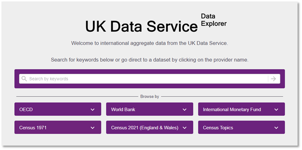 The homepage of the UK Data Service Data Explorer platform.