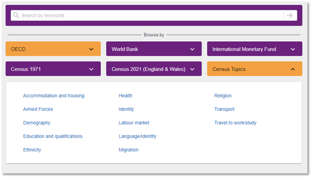 The homepage of the UK Data Service Data Explorer platform, highlighting the ability to look at data via the various organisations. 