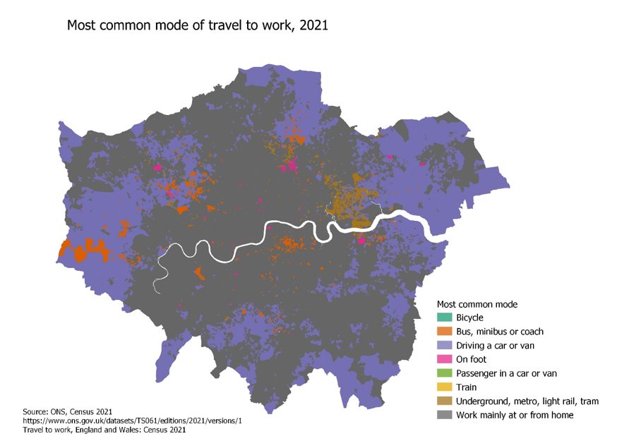 A Map of London representing travel to work by bicycle, bus, car / van, on foot, passenger, train, underground / metro / light rail, or working from home. A significant area in the centre of the map show people working from home. Further out, there are increasing patches of travelling by car or van.