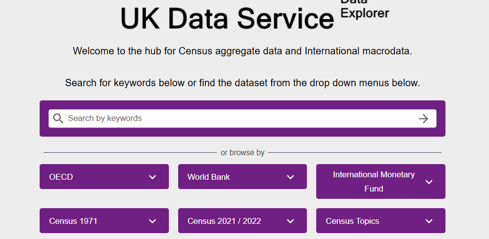 Landing page of the UK Data Service's Data Explorer platform