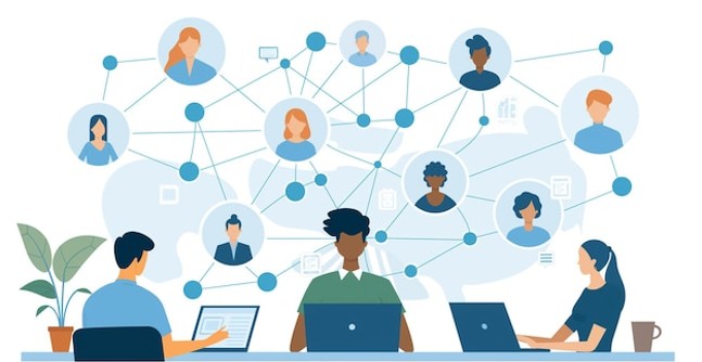 An illustration of three cartoon people looking at their laptops. Above them is a network of bubbles with different people inside of them to illustrate networking and communication.